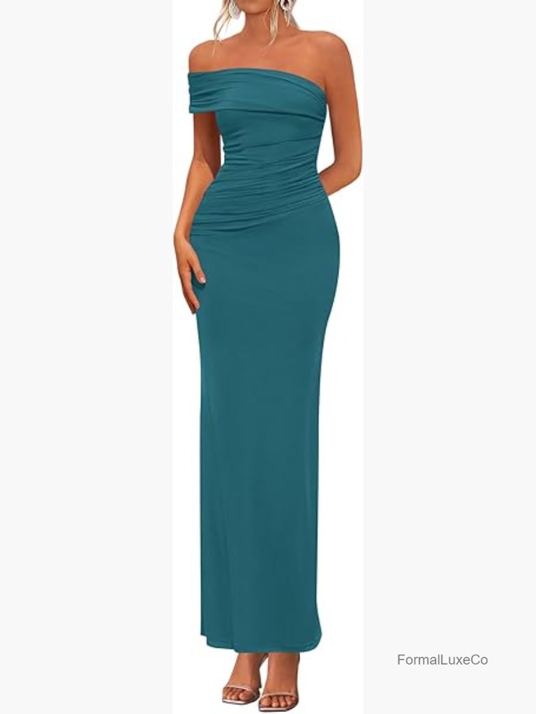 Off Shoulder Ruched Bodycon Maxi Dress With Back Slit